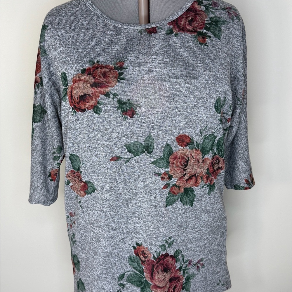 Bobbie Brooks Shirt Womens XL Gray Floral Crew Neck 3/4 Sleeve Tunic Top Dolman